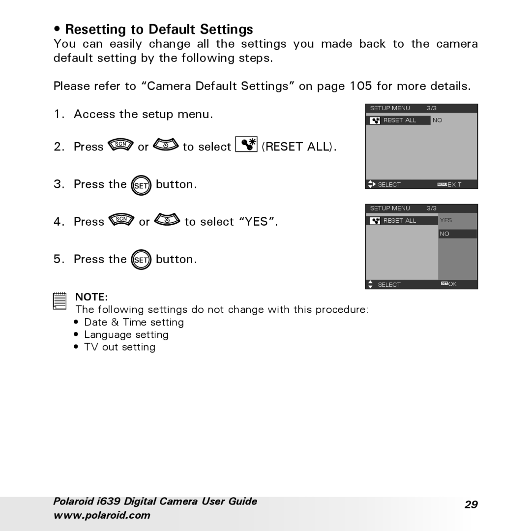 Polaroid i639 manual Resetting to Default Settings 