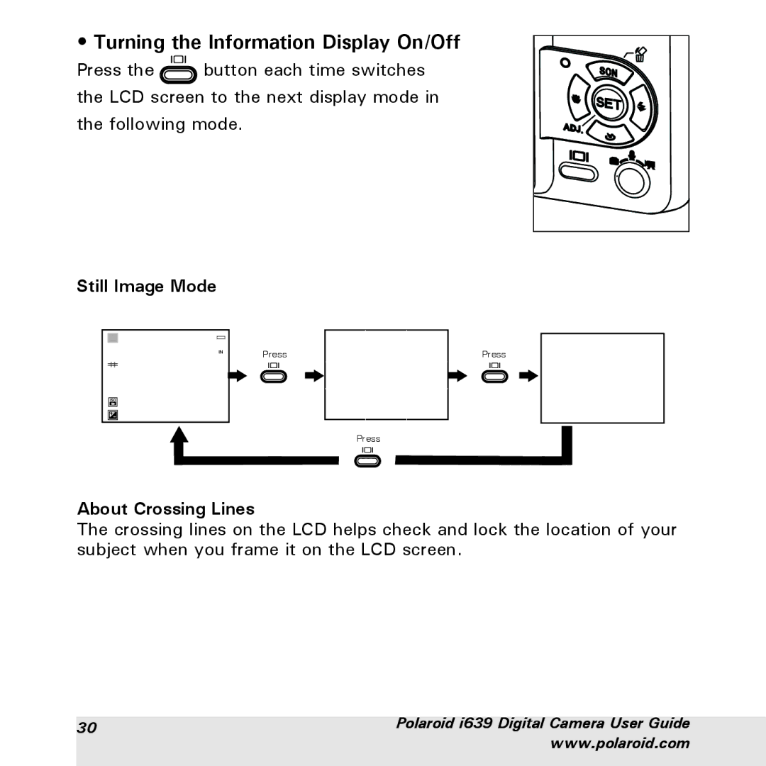 Polaroid i639 manual Turning the Information Display On/Off, Still Image Mode 