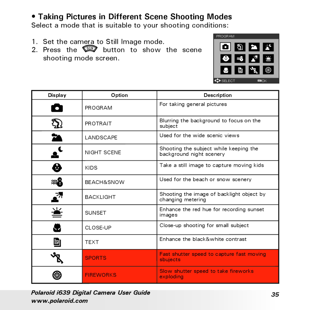 Polaroid i639 manual Taking Pictures in Different Scene Shooting Modes, Display 