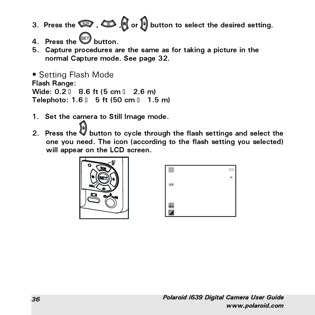 Polaroid i639 manual Setting Flash Mode 