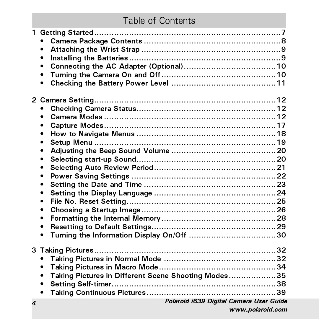 Polaroid i639 manual Table of Contents 