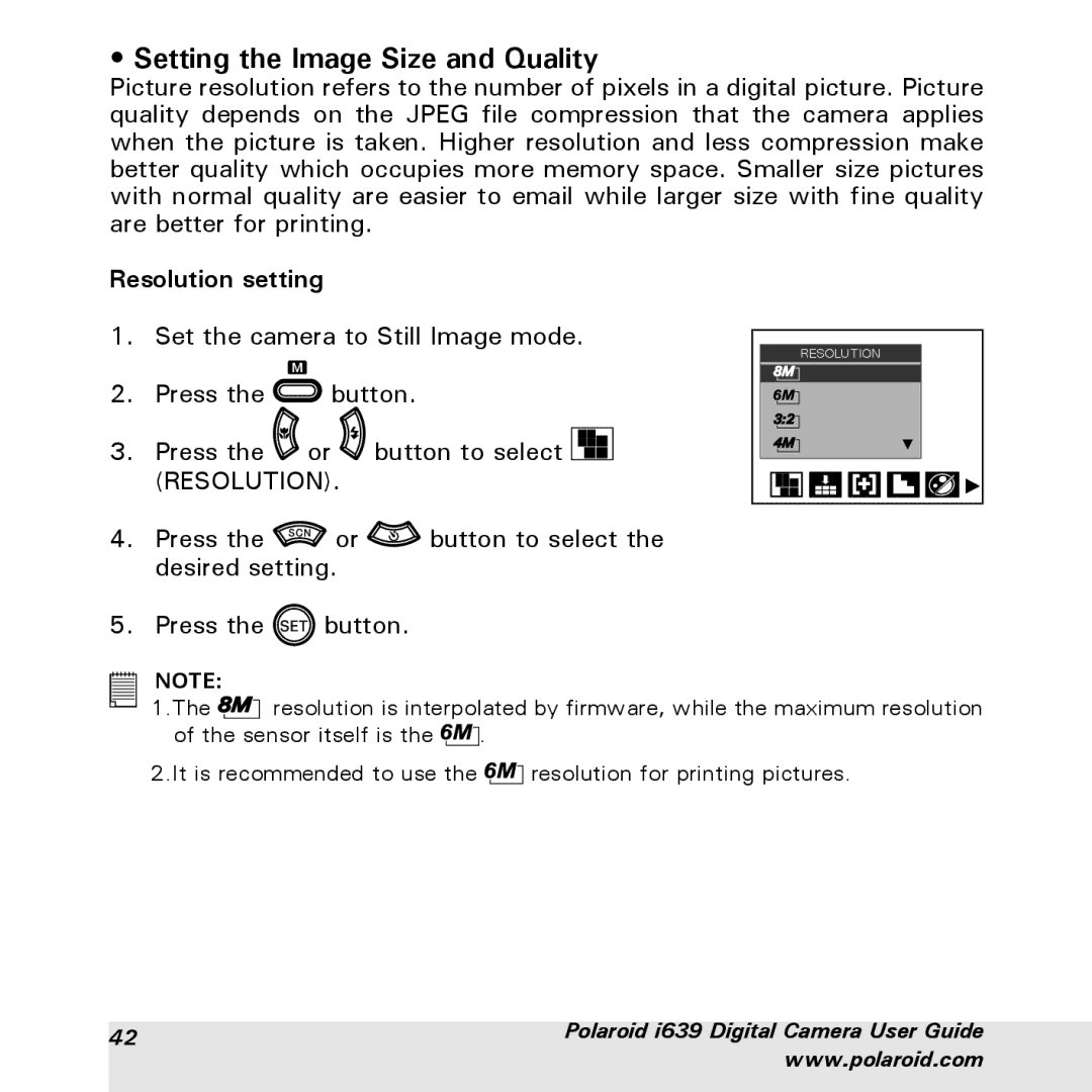 Polaroid i639 manual Setting the Image Size and Quality, Resolution setting 