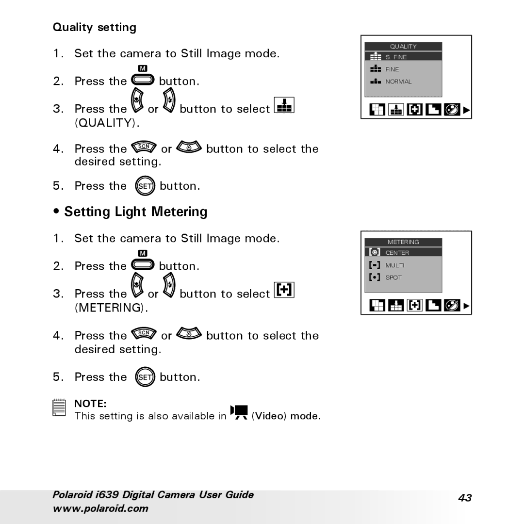 Polaroid i639 manual Setting Light Metering, Quality setting 