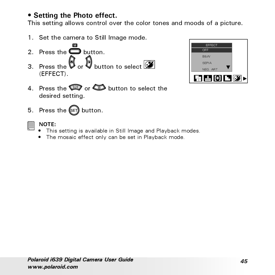 Polaroid i639 manual Setting the Photo effect, Effect 