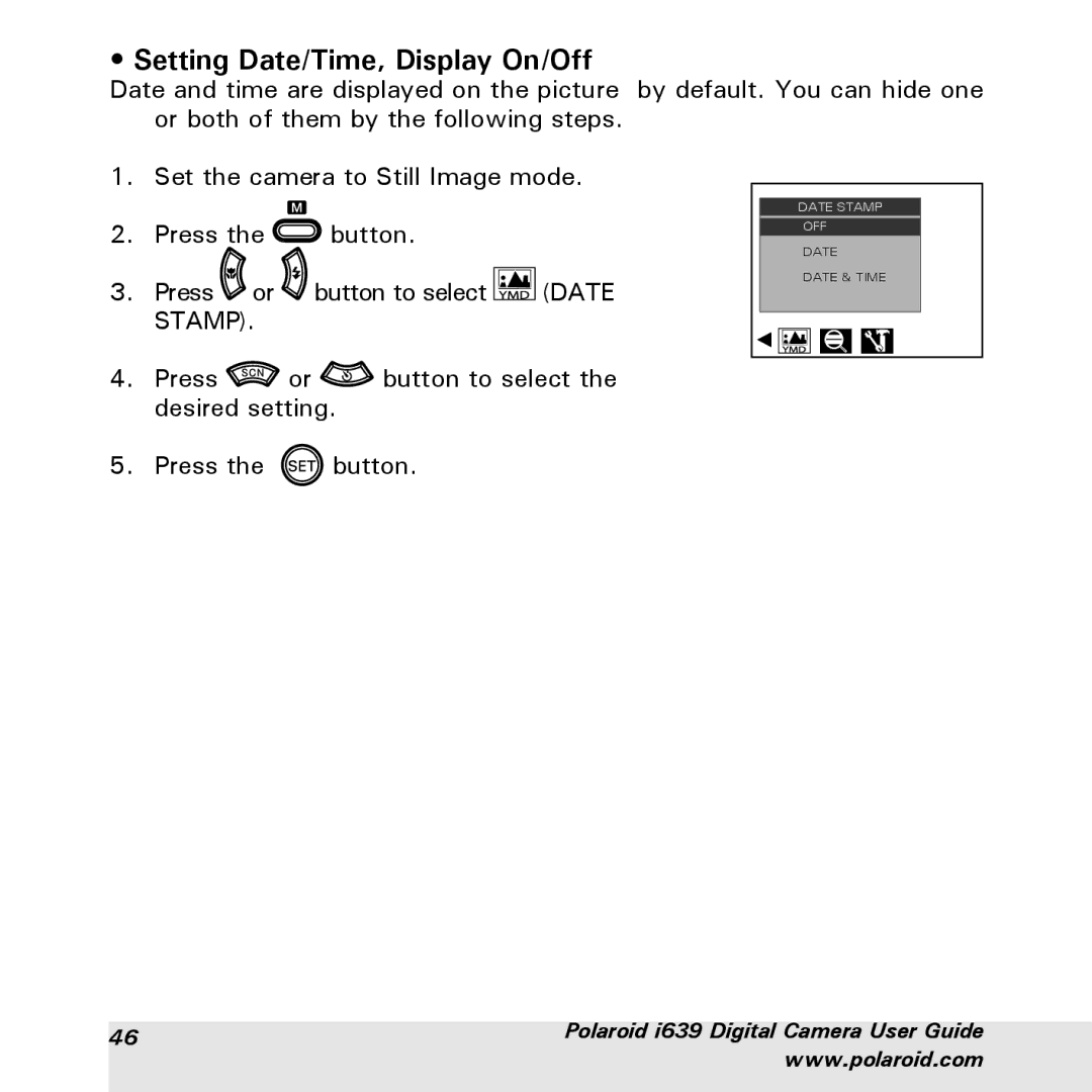 Polaroid i639 manual Setting Date/Time, Display On/Off 