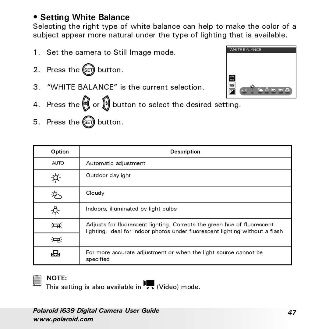 Polaroid i639 manual Setting White Balance 