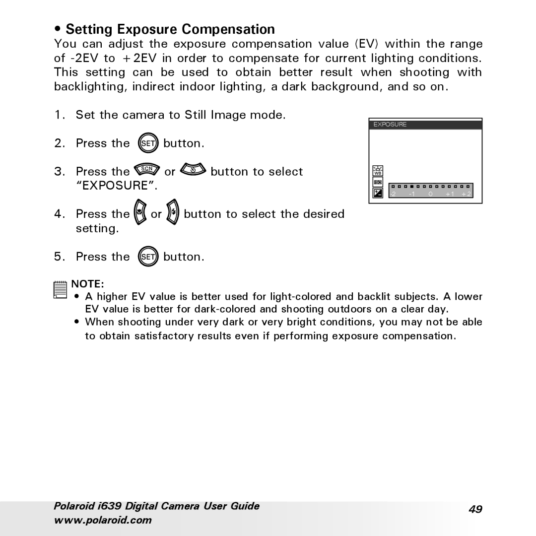 Polaroid i639 manual Setting Exposure Compensation 