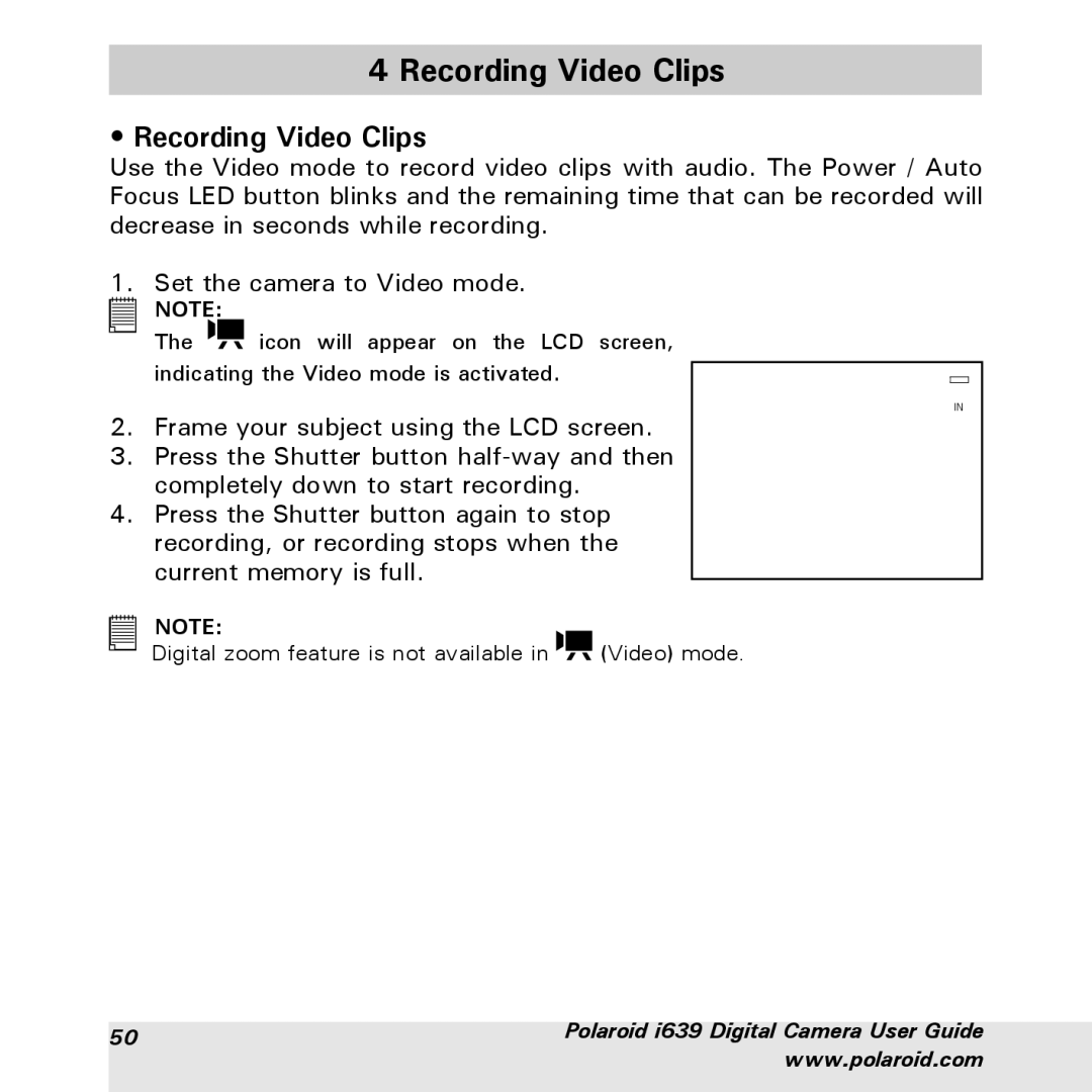 Polaroid i639 manual Recording Video Clips 