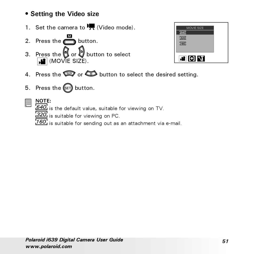 Polaroid i639 manual Setting the Video size 