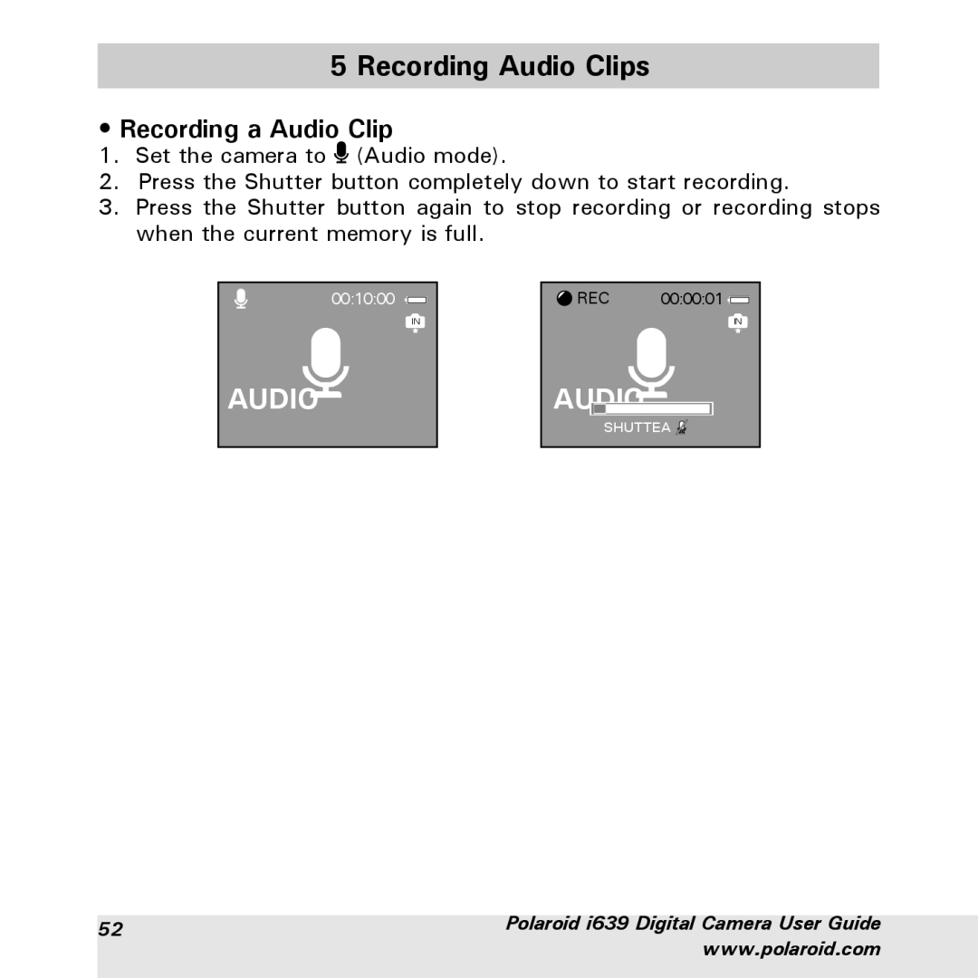 Polaroid i639 manual Recording Audio Clips, Recording a Audio Clip 