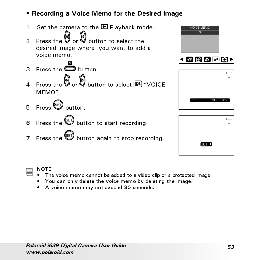 Polaroid i639 manual Recording a Voice Memo for the Desired Image 