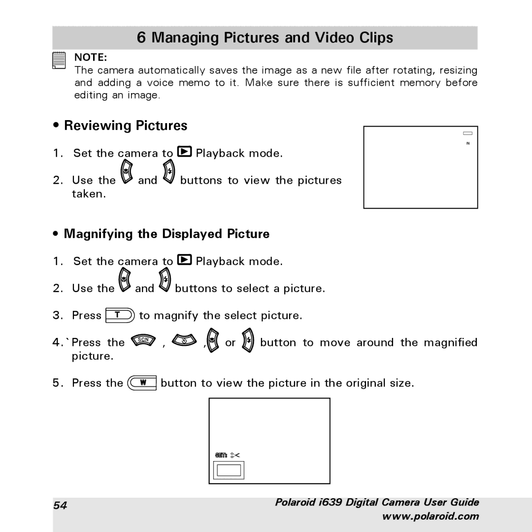 Polaroid i639 manual Managing Pictures and Video Clips, Reviewing Pictures, Magnifying the Displayed Picture 