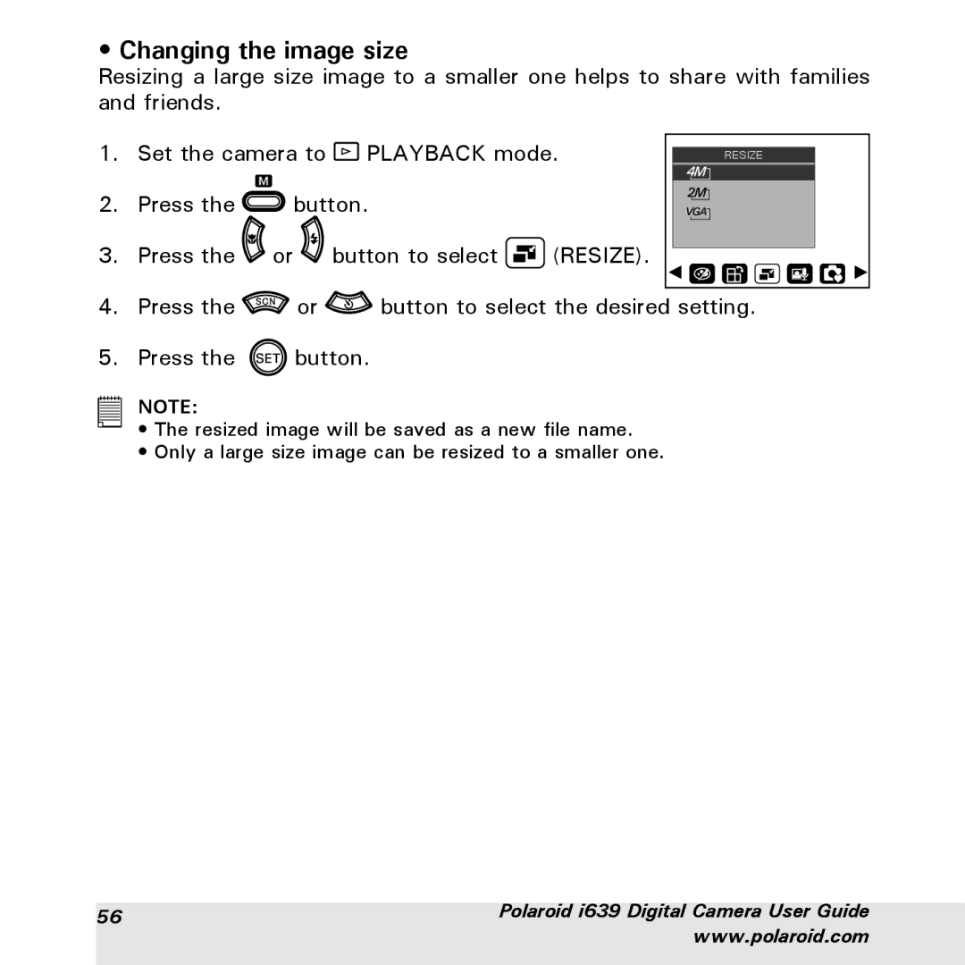 Polaroid i639 manual Changing the image size, Resize 