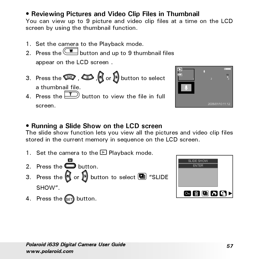 Polaroid i639 manual Reviewing Pictures and Video Clip Files in Thumbnail, Running a Slide Show on the LCD screen 