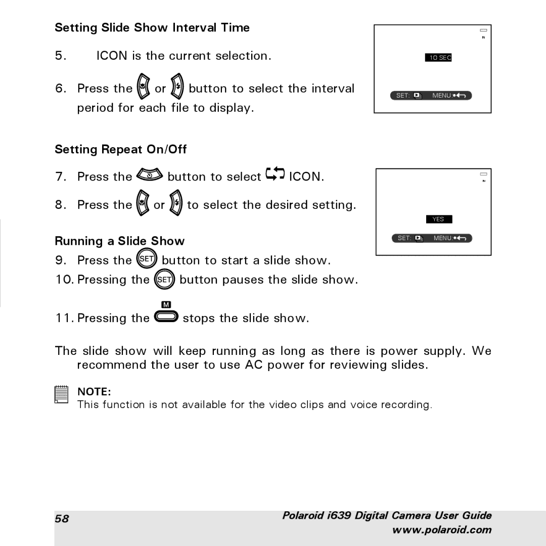Polaroid i639 manual Setting Slide Show Interval Time, Setting Repeat On/Off, Running a Slide Show 