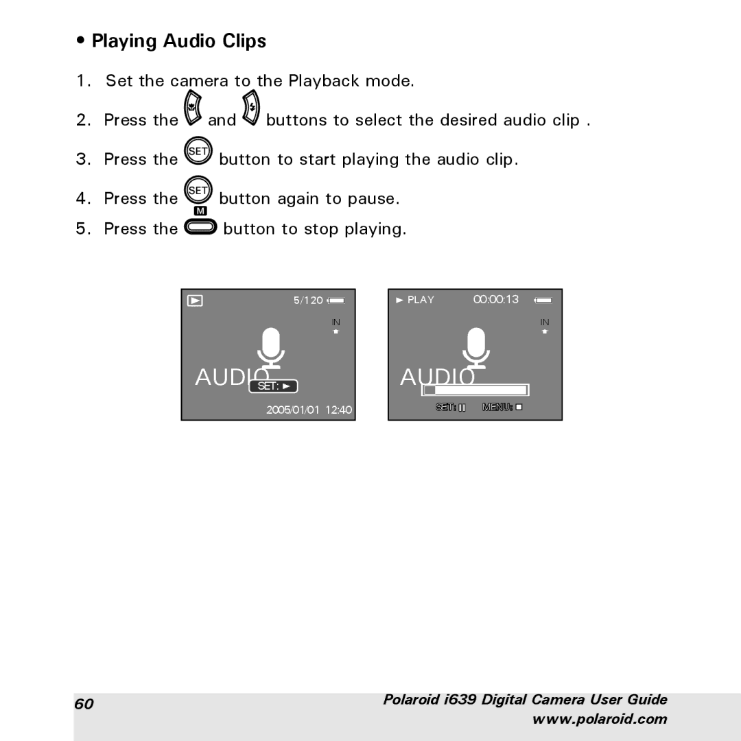 Polaroid i639 manual Playing Audio Clips 