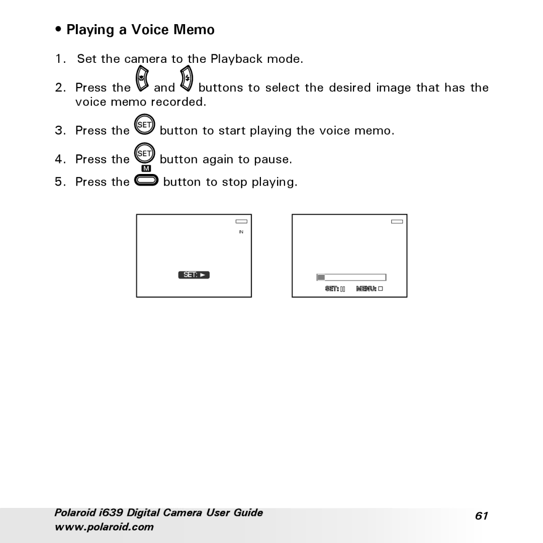 Polaroid i639 manual Playing a Voice Memo 