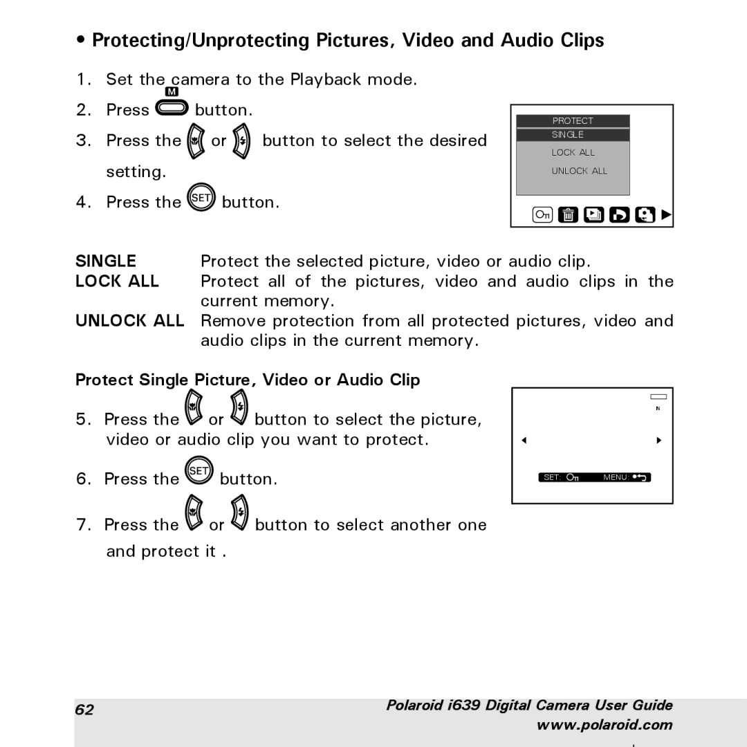 Polaroid i639 manual Protecting/Unprotecting Pictures, Video and Audio Clips, Protect Single Picture, Video or Audio Clip 