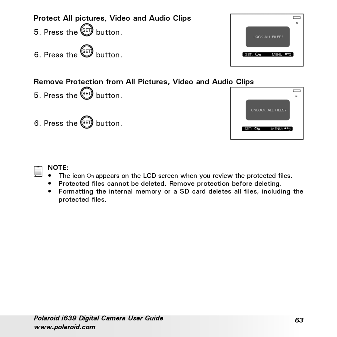 Polaroid i639 Protect All pictures, Video and Audio Clips, Remove Protection from All Pictures, Video and Audio Clips 