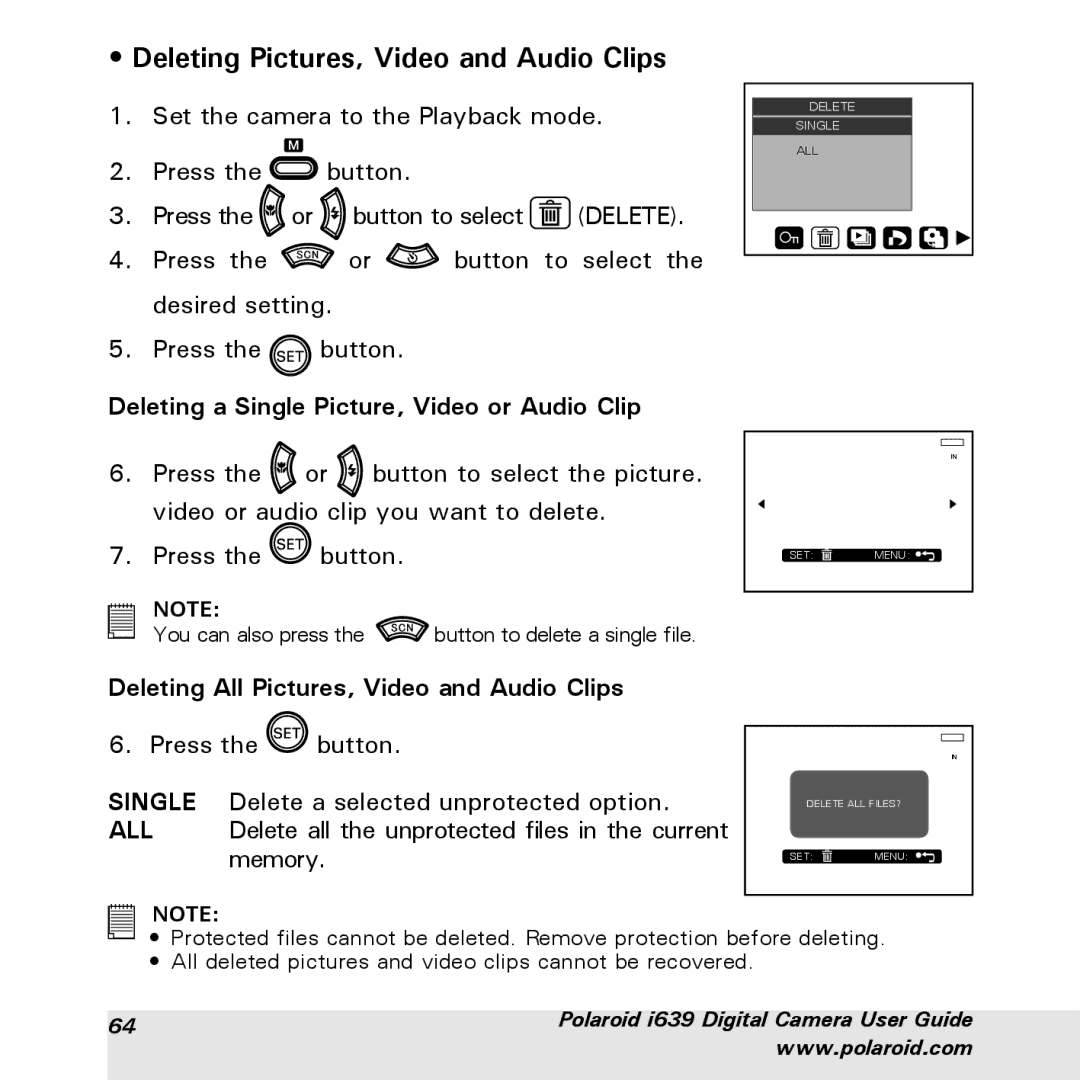 Polaroid i639 manual Deleting Pictures, Video and Audio Clips, Deleting a Single Picture, Video or Audio Clip 