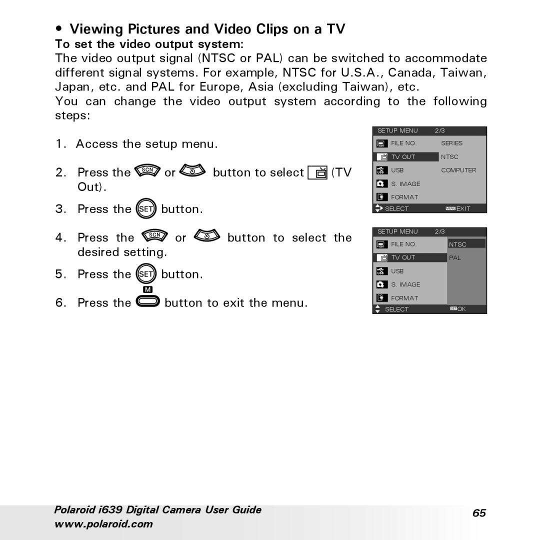 Polaroid i639 manual Viewing Pictures and Video Clips on a TV, To set the video output system 