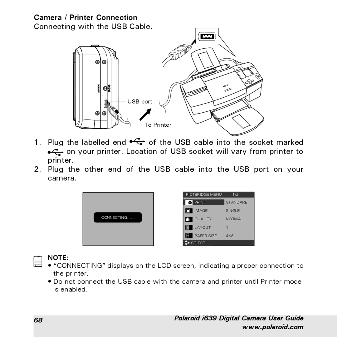 Polaroid i639 manual Camera / Printer Connection 