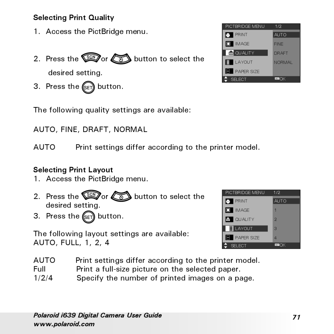 Polaroid i639 manual Selecting Print Quality, Selecting Print Layout 