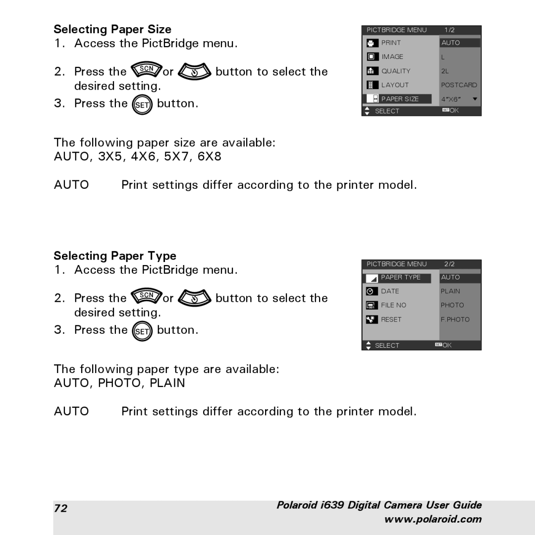 Polaroid i639 manual Selecting Paper Size, Selecting Paper Type 