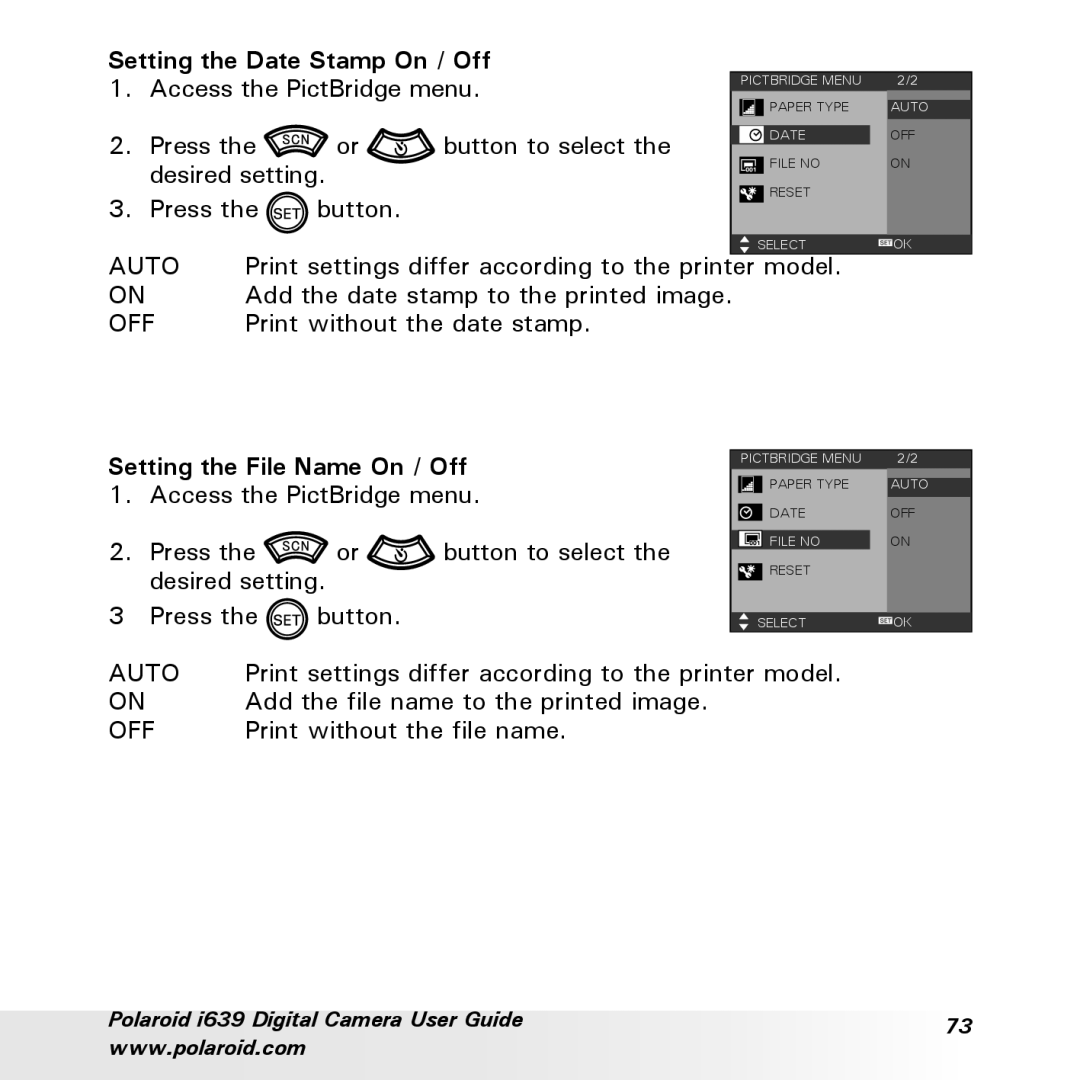 Polaroid i639 manual Setting the Date Stamp On / Off, Setting the File Name On / Off 