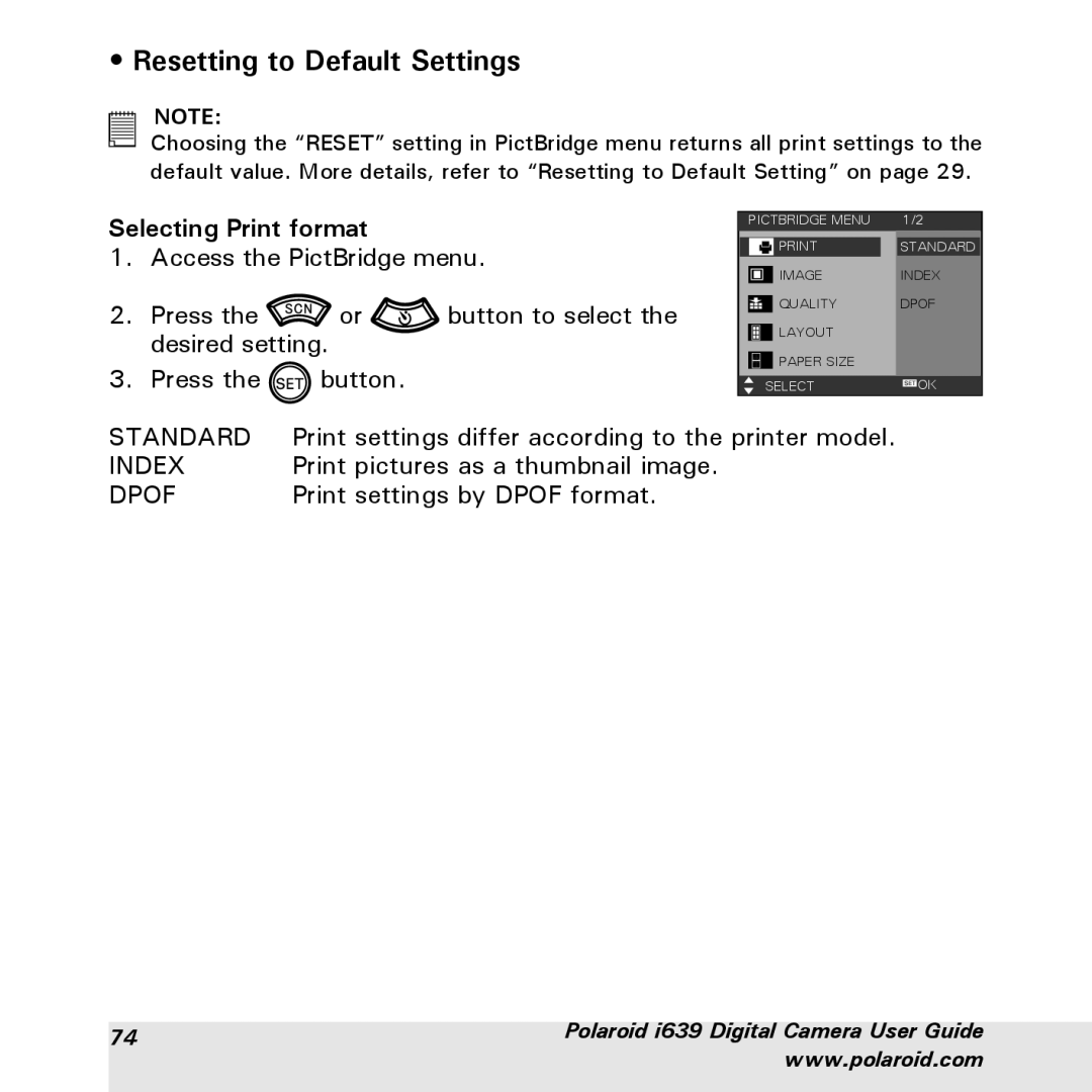 Polaroid i639 manual Resetting to Default Settings, Selecting Print format 