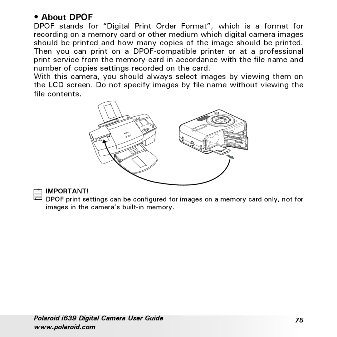 Polaroid i639 manual About Dpof 