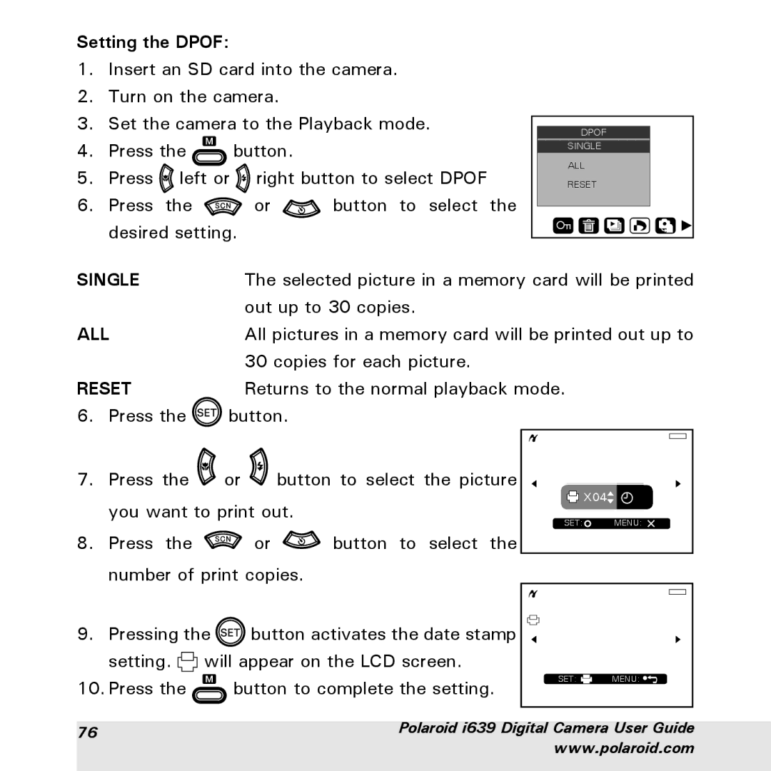 Polaroid i639 manual Setting the Dpof, Reset 