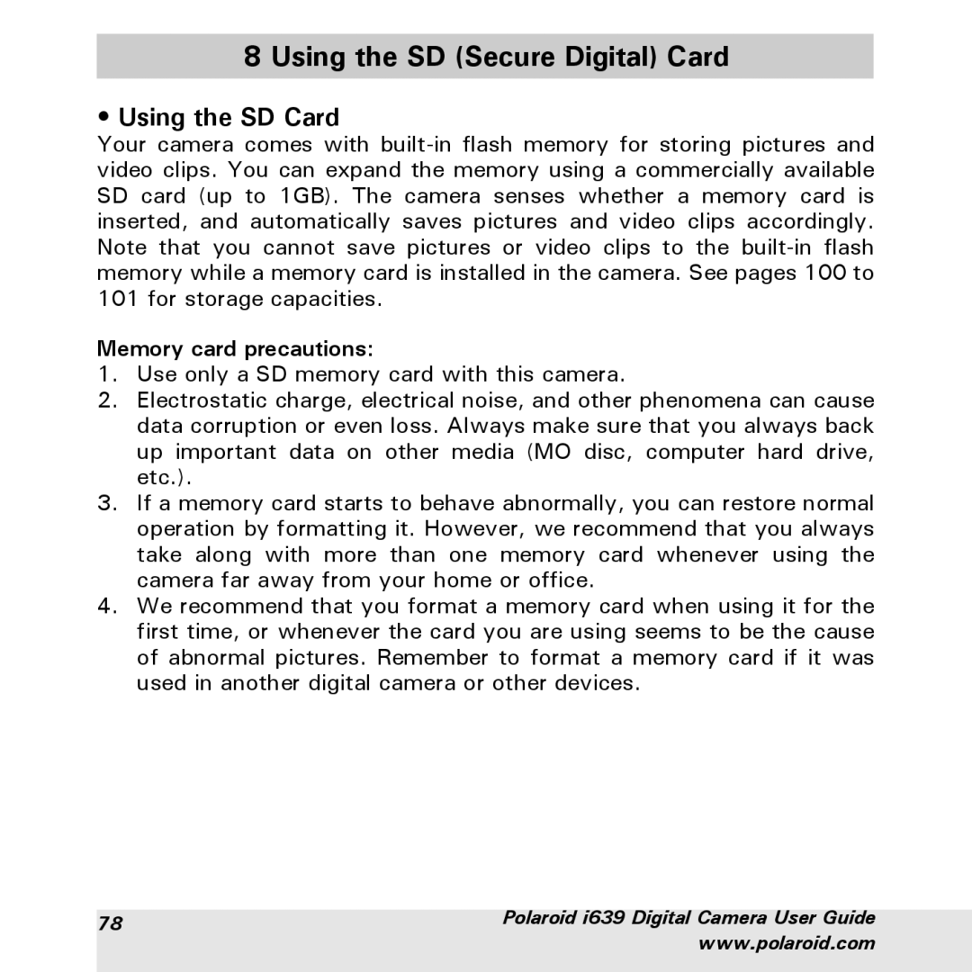 Polaroid i639 manual Using the SD Secure Digital Card, Using the SD Card, Memory card precautions 