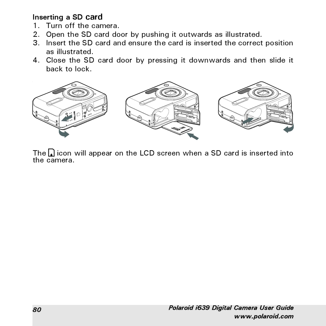 Polaroid i639 manual Inserting a SD card 