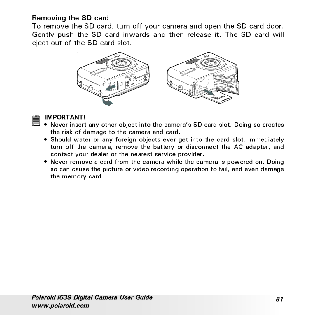 Polaroid i639 manual Removing the SD card 