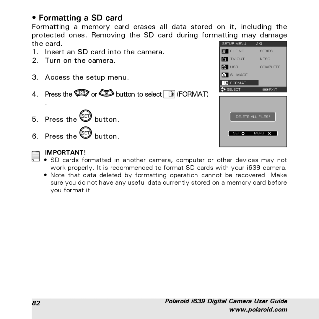 Polaroid i639 manual Formatting a SD card 