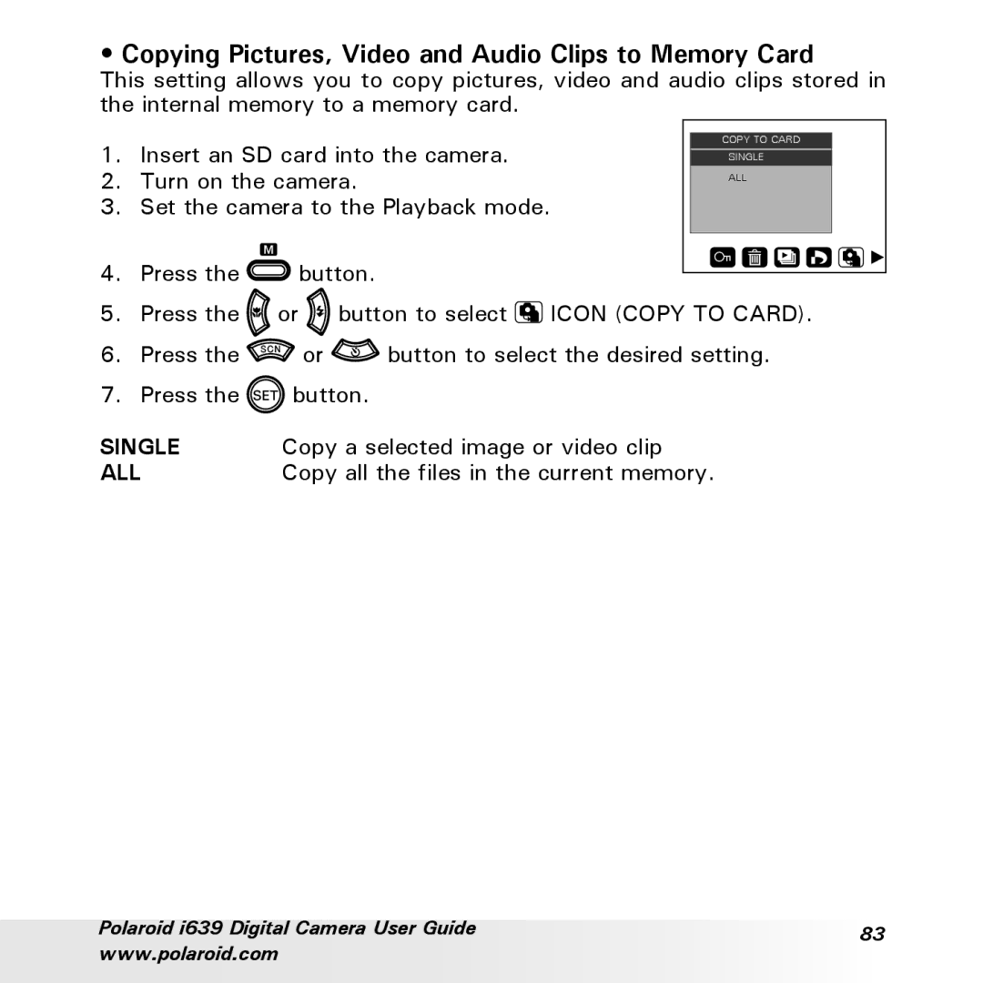 Polaroid i639 manual Copying Pictures, Video and Audio Clips to Memory Card, Copy a selected image or video clip 