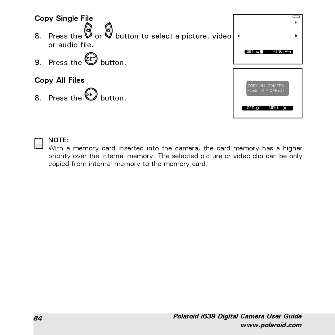 Polaroid i639 manual Copy Single File, Copy All Files 