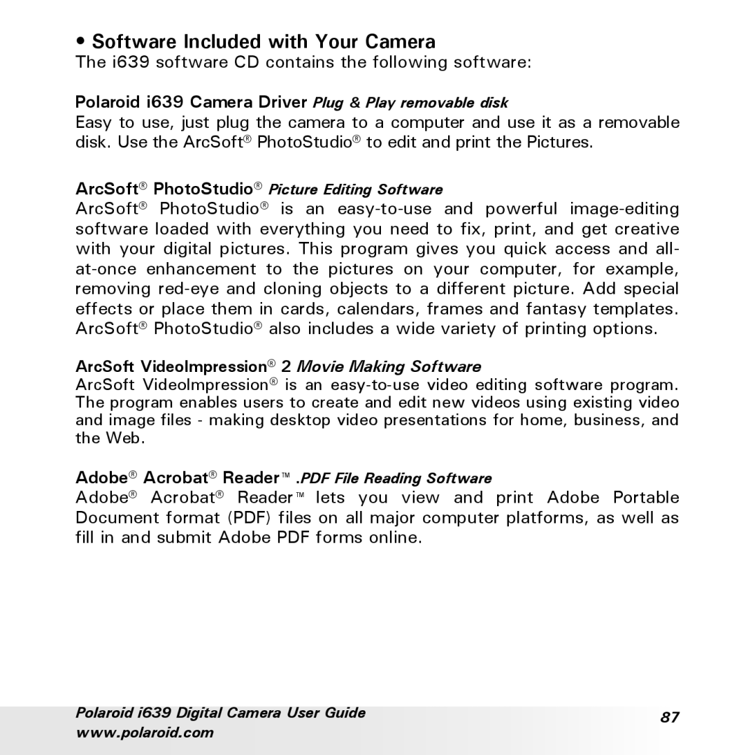 Polaroid manual Software Included with Your Camera, Polaroid i639 Camera Driver Plug & Play removable disk 