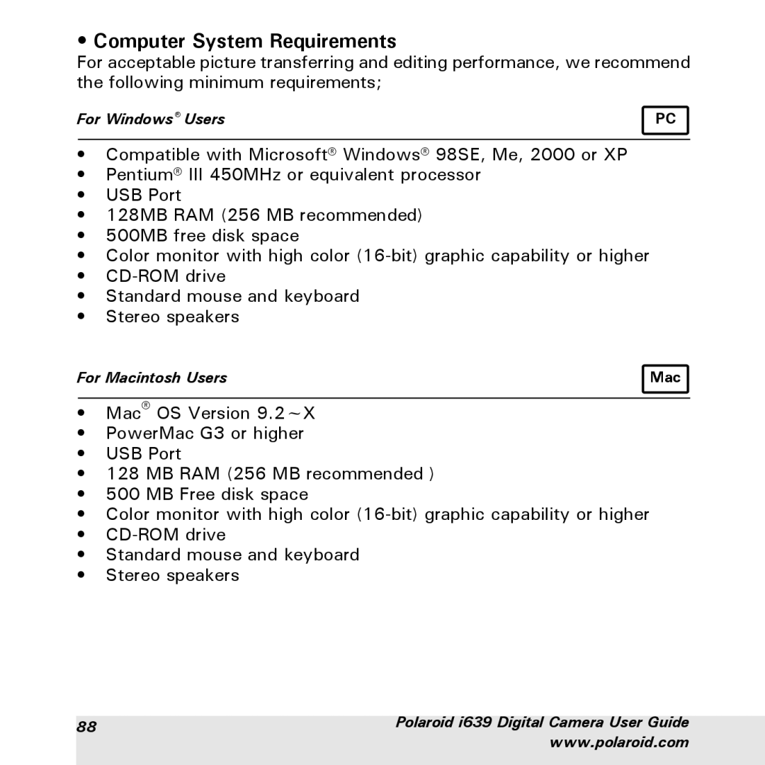 Polaroid i639 manual Computer System Requirements 