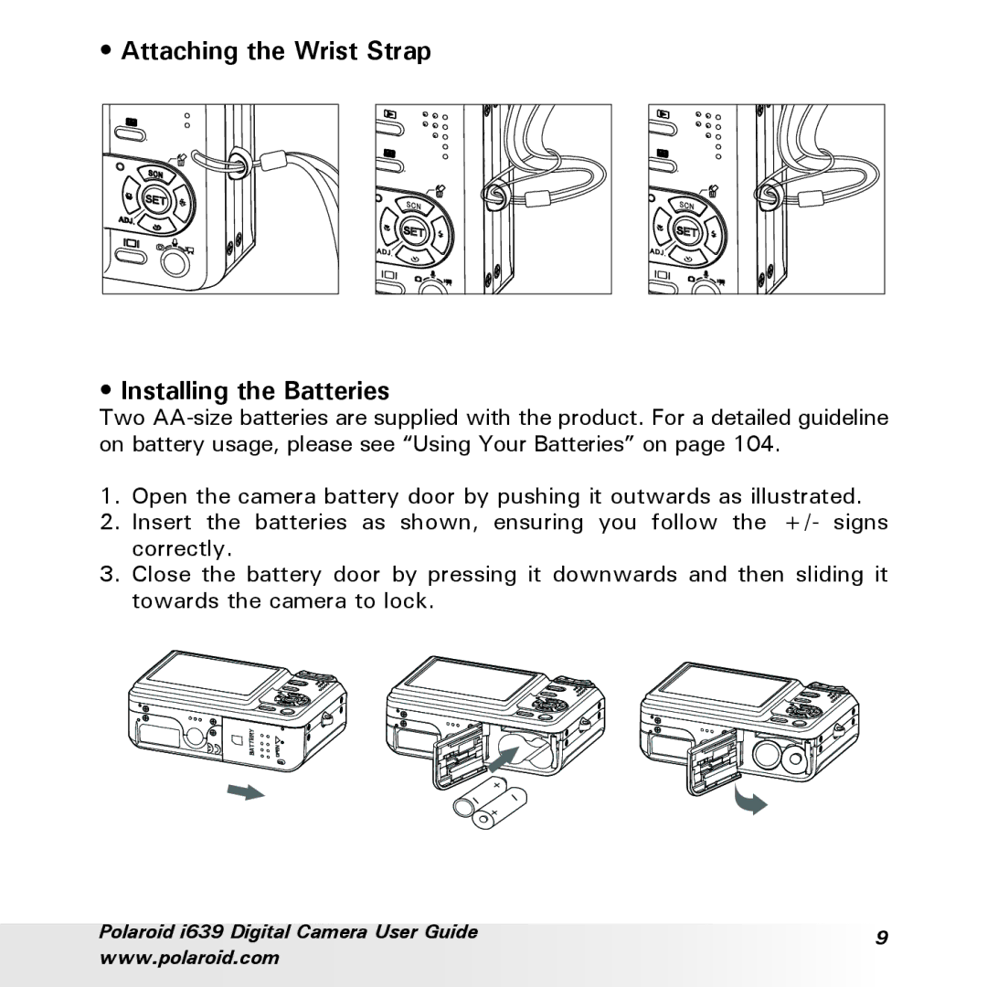 Polaroid i639 manual Attaching the Wrist Strap Installing the Batteries 