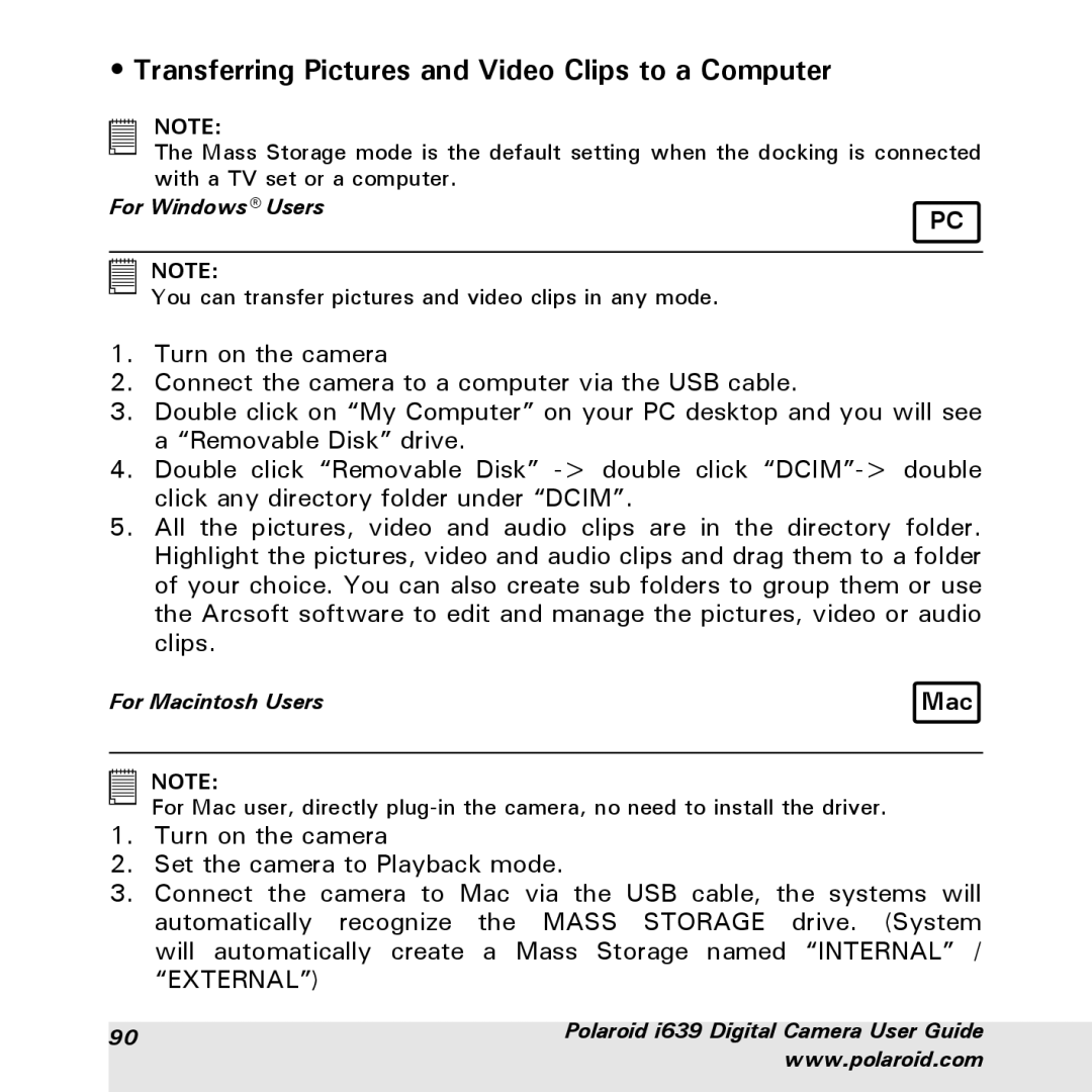 Polaroid i639 manual Transferring Pictures and Video Clips to a Computer 