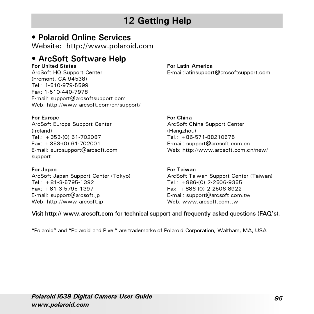 Polaroid i639 manual Getting Help, Polaroid Online Services ArcSoft Software Help 