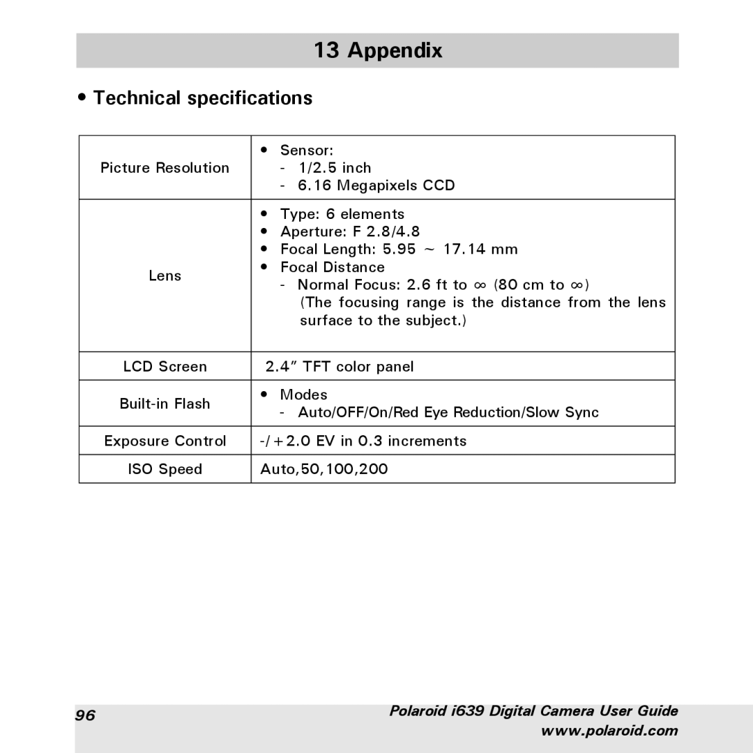 Polaroid i639 manual Appendix, Technical specifications 