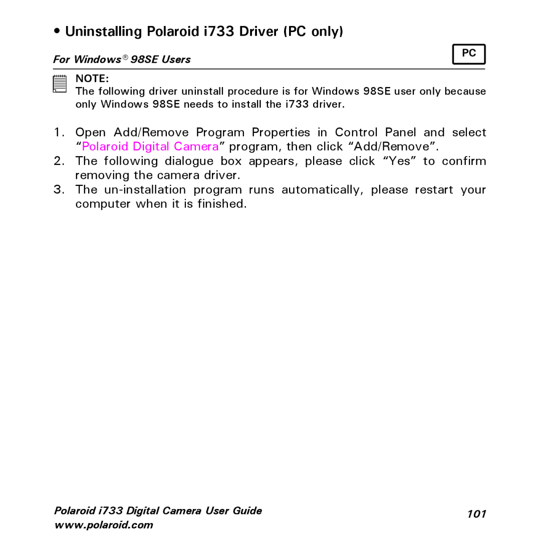 Polaroid manual Uninstalling Polaroid i733 Driver PC only, For Windows 98SE Users 