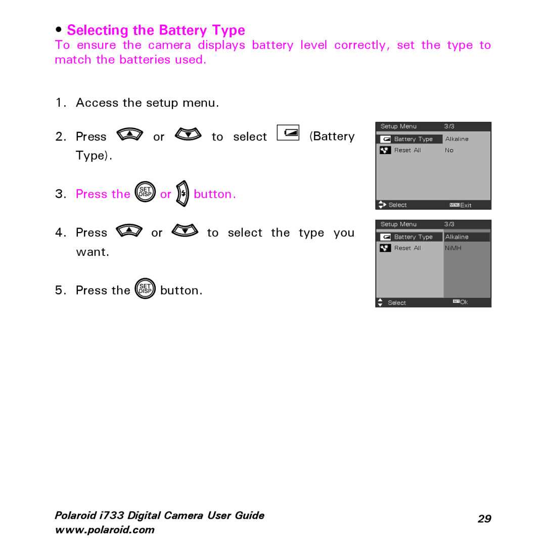 Polaroid i733 manual Selecting the Battery Type 