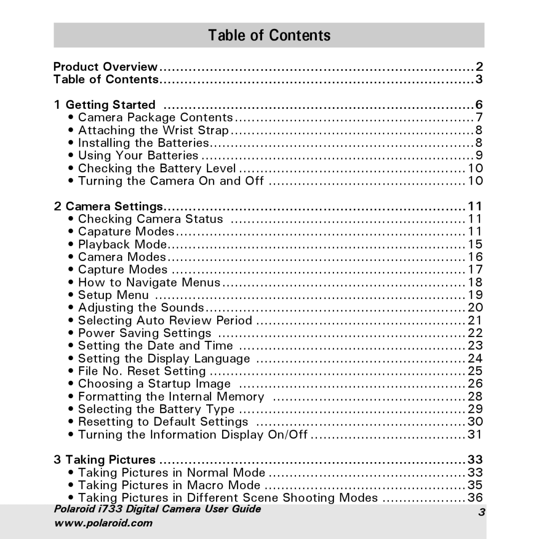 Polaroid i733 manual Table of Contents 