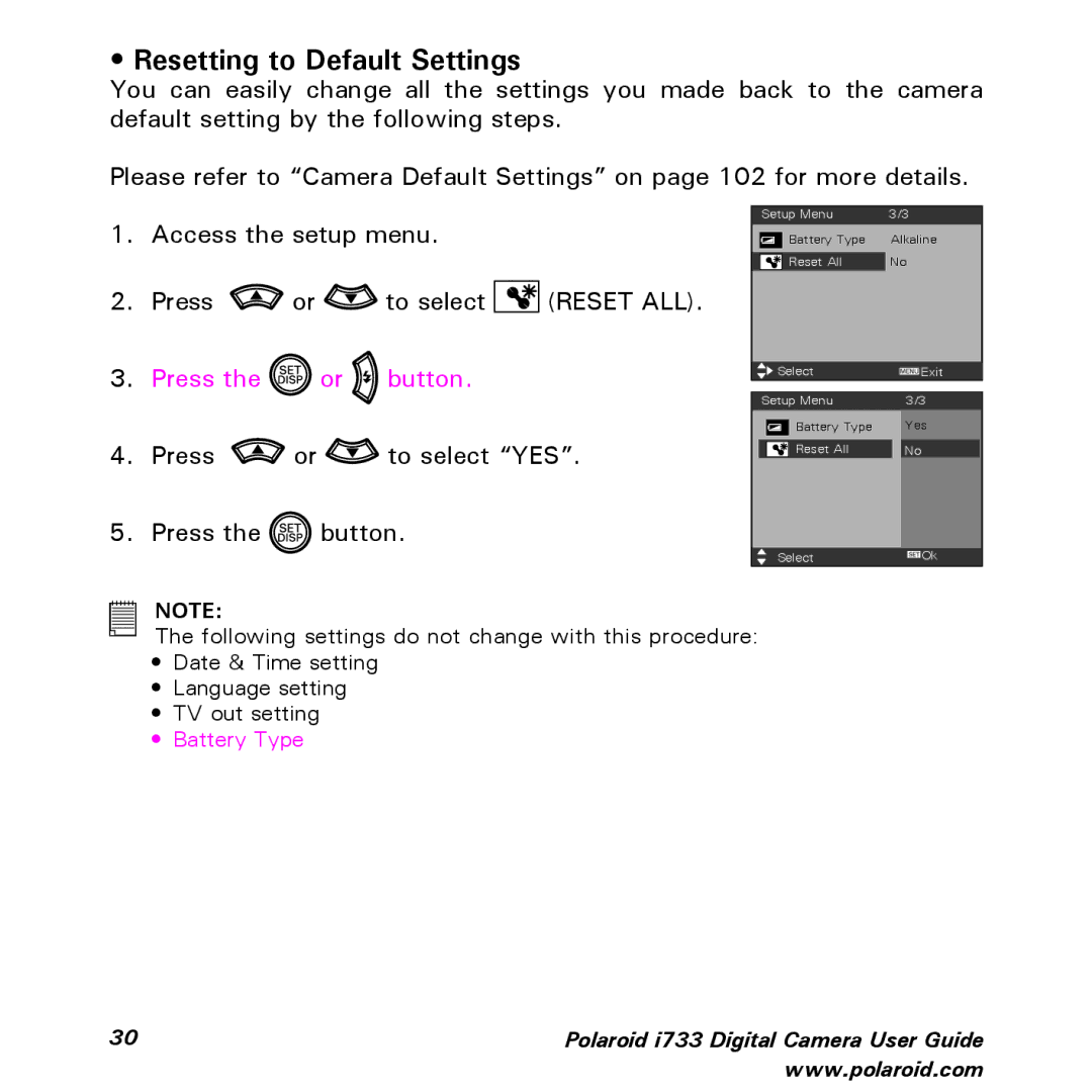 Polaroid i733 manual Resetting to Default Settings, Access the setup menu 