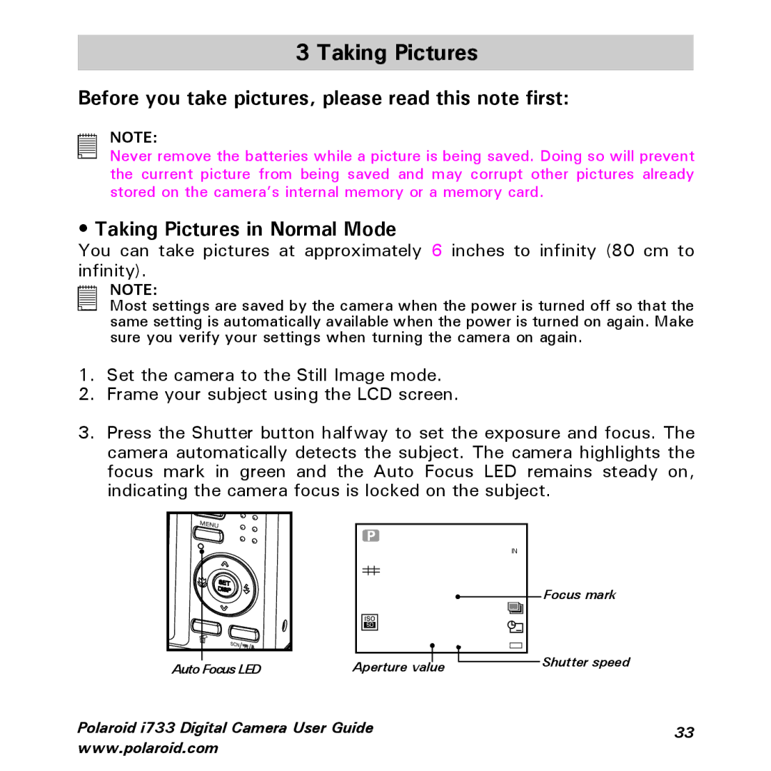 Polaroid i733 manual Before you take pictures, please read this note first, Taking Pictures in Normal Mode 