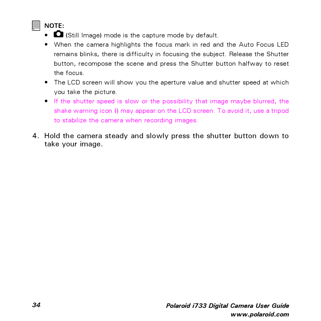 Polaroid manual Polaroid i733 Digital Camera User Guide 